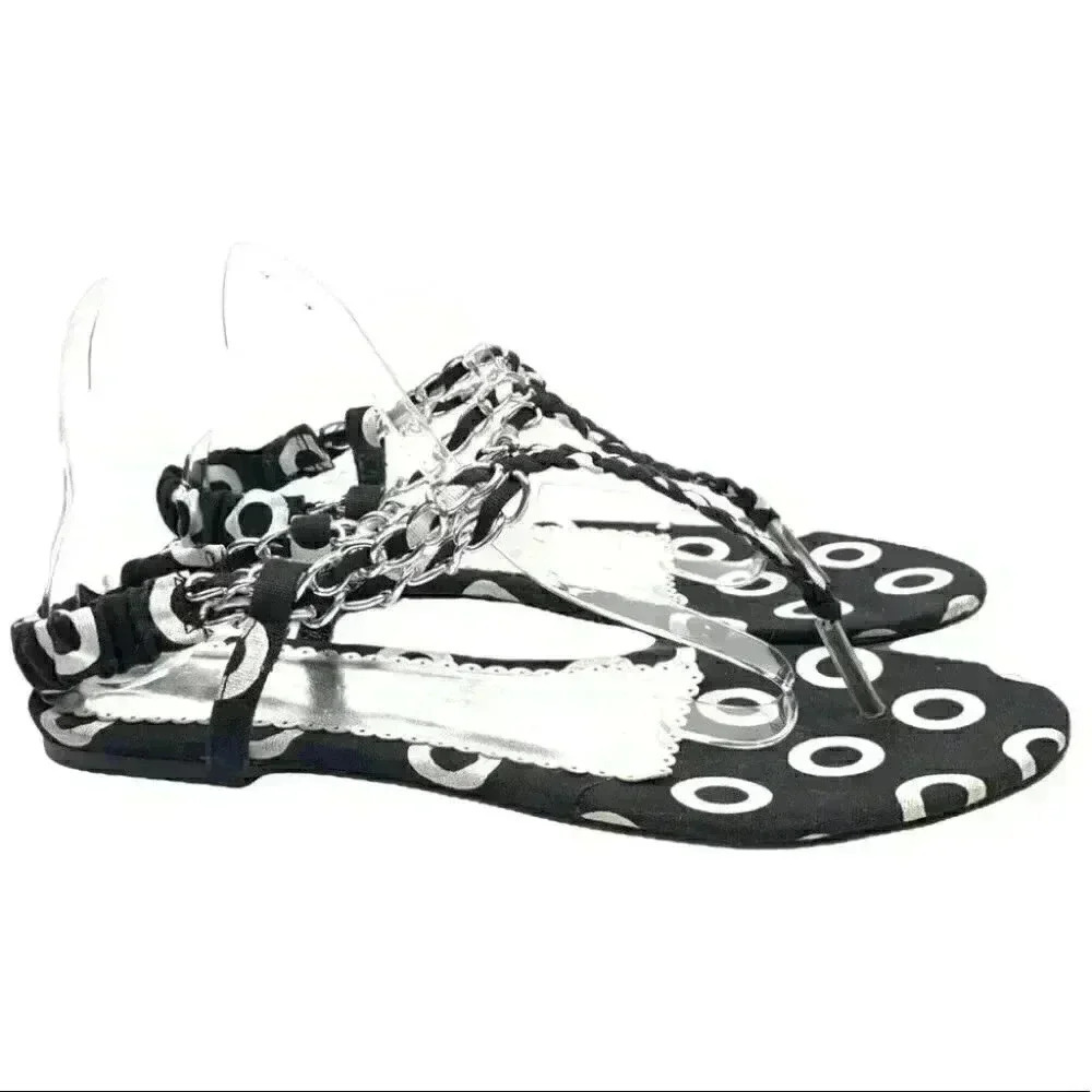 New Ashro womens sandals size 10 black white braided t-strap artsy